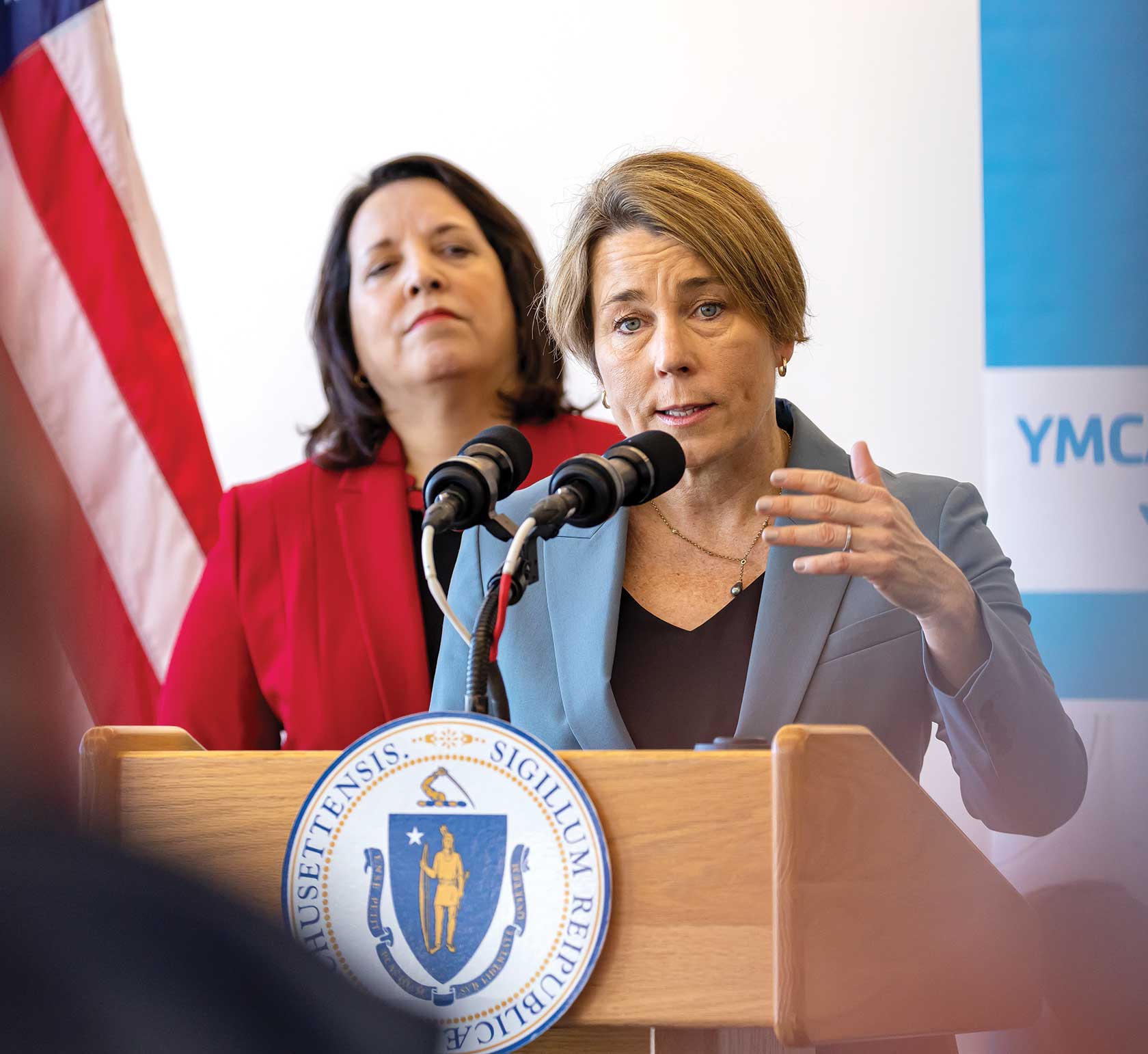 Governor Maura Healey And Lt. Governor Kim Driscoll Unveil A 750 Million Tax Relief Package At The Demakes Family YMCA In Lynn. Joshua Qualls 