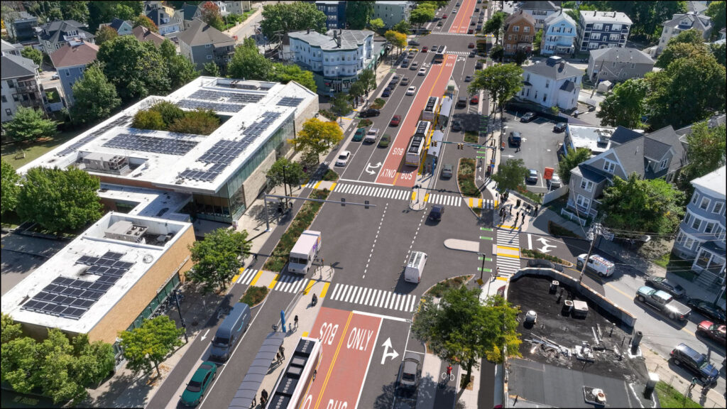 After: An artist's rendering of what it would look like after the plan is complete. The same street has more green space, more straight and clearly painted crosswalks and most strikingly, center-running bus lanes painted with 'BUS ONLY.' The one remaining meridian now has a bus stop with sidewalk access.